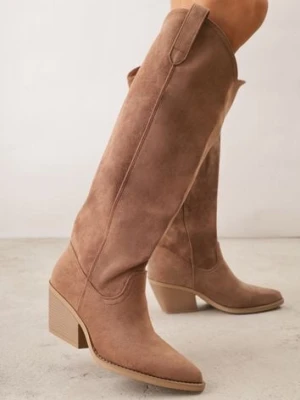 Jasnobrązowe Kozaki Kowbojki na Stożku z Gładką Cholewką z Imitacji Zamszu Halille joalice paris