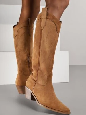 Jasnobrązowe Kozaki Kowbojki na Stożku z Haftem na Cholewce Gallessa ballada