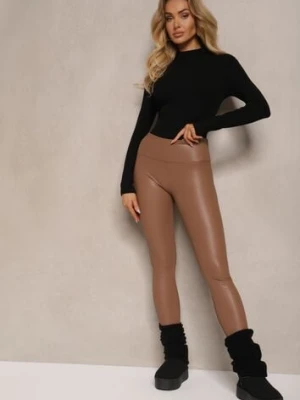 Jasnobrązowe Legginsy z Imitacji Skóry High Waist z Polarem Selabra defox