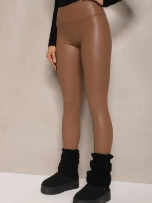 Jasnobrązowe Legginsy z Imitacji Skóry High Waist z Polarem Selabra defox