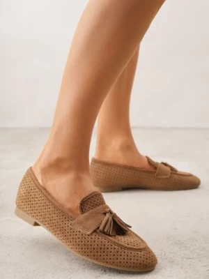 Jasnobrązowe Perforowane Mokasyny z Imitacji Zamszu Zdobione Frędzlami Vaeliane ideal