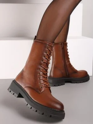 Jasnobrązowe Płaskie Botki z Wiązaniem z Przodu Laorae