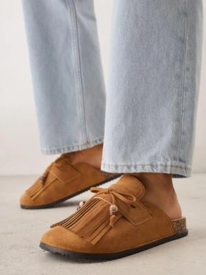 Jasnobrązowe Płaskie Klapki Mule Zdobione Frędzlami i Kokardką z Koralikami Petlame sergio todzi