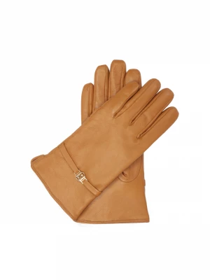 Jasnobrązowe rękawiczki ze złotym monogramem KAZAR