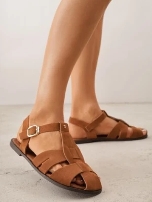 Jasnobrązowe Sandały Gladiatorki z Imitacji Nubuku Zapinane na Sprzączkę Briannea mulanka