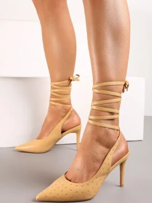 Jasnobrązowe Sandały na Szpilce z Wiązanymi Rzemykami i Cyrkoniami Jenglla