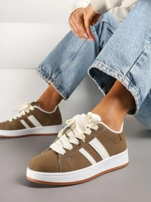 Jasnobrązowe Sneakersy na Niskiej Platformie z Naszywkami Flordexia