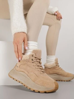 Jasnobrązowe Sneakersy Śniegowce Vices na Platformie Ozdobione Napisem i Futerkiem Lanite