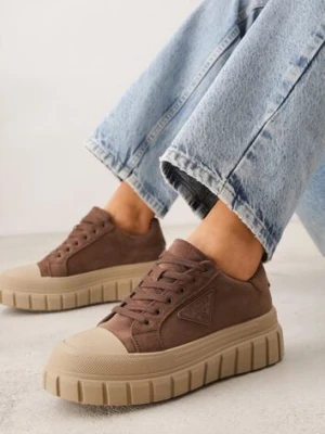 Jasnobrązowe Sneakersy Vices na Platformie z Ozdobą i Napisem Leawen