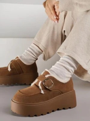 Jasnobrązowe Śniegowce na Grubej Podeszwie z Paskiem z Klamerką i Futerkiem Uwedina ciaodeo