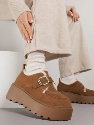 Jasnobrązowe Śniegowce na Platformie z Paskiem ze Sprzączką i Futrem Unweda ciaodeo