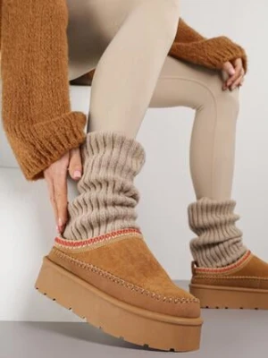 Jasnobrązowe Śniegowce Ocieplone na Platformie z Ozdobnym Wyszywaniem Reitenna ballada