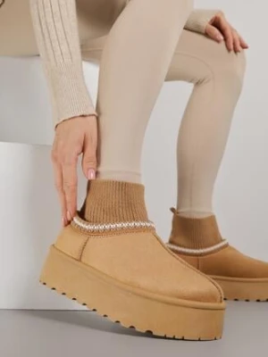 Jasnobrązowe Śniegowce VICES na Grubej Podeszwie z Haftem i Skarpetkową Cholewką Enantia