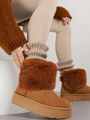 Jasnobrązowe Śniegowce z Cholewką za Kostkę Ocieplane z Futerkiem i Małą Kokardą Reinedia ballada