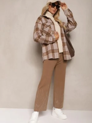 Jasnobrązowe Spodnie o Szerokim Kroju High Waist z Cyrkoniami i Gumką w Pasie Loreitha j&x