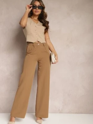 Jasnobrązowe Szerokie Spodnie High Waist z Gumką w Pasie Eternel