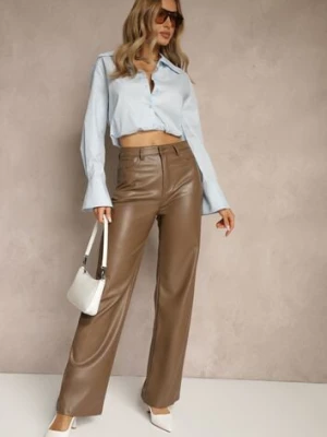 Jasnobrązowe Szerokie Spodnie High Waist z Imitacji Skóry Curbelo