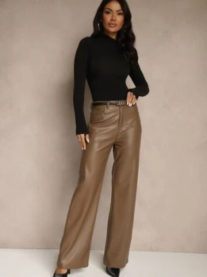 Jasnobrązowe Szerokie Spodnie High Waist z Imitacji Skóry Curbelo hello miss