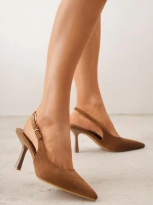Jasnobrązowe Szpilki VICES z Imitacji Zamszu z Odkrytą Piętą i Podłużną Klamrą Natterea