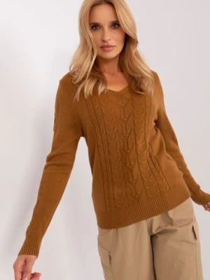 Jasnobrązowy damski sweter z warkoczami z dekoltem V