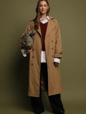 Jasnobrązowy Długi Płaszcz Trencz Dwurzędowy z Paskiem w Talii Cadenite retro & icone