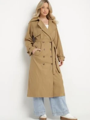 Jasnobrązowy Długi Płaszcz Trencz Dwurzędowy z Paskiem w Talii Cadenite retro & icone