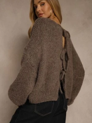 Jasnobrązowy Kardigan z Wełną o Kroju Oversize z Wiązanymi Kokardami Elearina