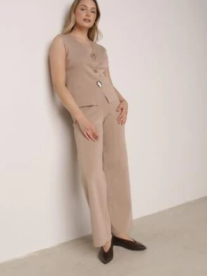 Jasnobrązowy Komplet z Wiskozą Kamizelka z Ozdobami 3D i Szerokie Spodnie Eleti