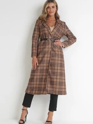 Jasnobrązowy Płaszcz Długi w Geometryczny Wzór z Paskiem Veye lily rose