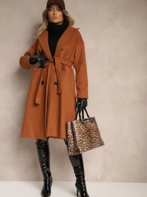 Jasnobrązowy Płaszcz Dwurzędowy Wiązany Meollie tricot station