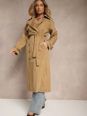Jasnobrązowy Płaszcz o Wydłużonym Fasonie Trencza z Guzikami i Paskiem Dennime retro & icone