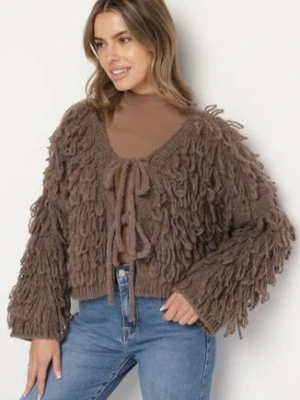 Jasnobrązowy Wiązany Kardigan z Dodatkiem Wełny i Wiskozy Zdobiony Frędzlami Tiravea jumelle