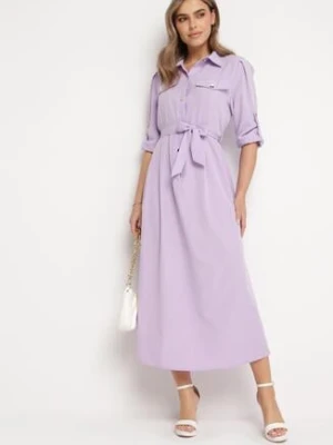 Jasnofioletowa Rozkloszowana Sukienka Maxi z Koszulową Górą i Wiązanym Paskiem Indiga j&x