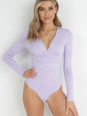 Jasnofioletowe Body z Trójkątnym Dekoltem i Długim Rękawem Fenthea