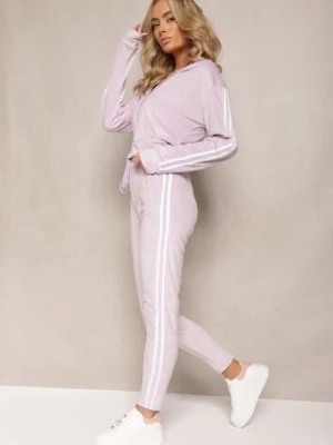 Jasnofioletowy 2-Częściowy Komplet Dresowy z Weluru z Ozdobnymi Lampasami Bluza i Spodnie Anelpe