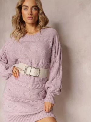 Jasnofioletowy Długi Sweter Oversize z Wypukłym Splotem All Over Somet