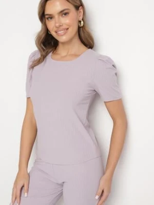 Jasnofioletowy Prążkowany T-shirt z Zakładkami przy Rękawach Kolanovia glo-story