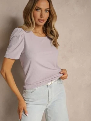 Jasnofioletowy T-shirt z Prążkowanej Tkaniny z Zakładkami przy Rękawach Kolaniella