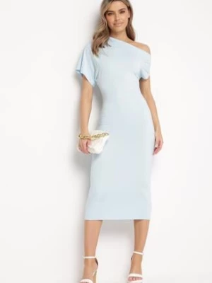 Jasnoniebieska Asymetryczna Sukienka Midi o Dopasowanym Fasonie Tivalle