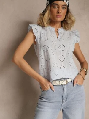 Jasnoniebieska Bawełniana Bluzka Ozdobiona Falbankami i Ażurowym Wzorem Grelzeki defox