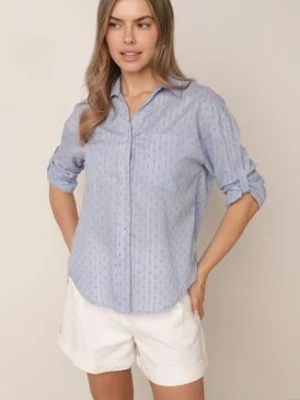 Jasnoniebieska Bawełniana Koszula Oversize z Tkaniny Plumetti z Metaliczną Nicią Hepsolea bludeise