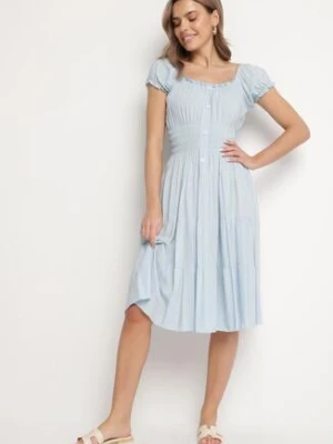 Jasnoniebieska Bawełniana Rozkloszowana Sukienka z Guzikami i Bufiastymi Rękawami Annivi defox