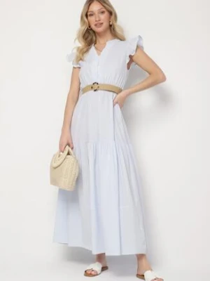 Jasnoniebieska Bawełniana Sukienka Boho o Rozkloszowanym Kroju z Paskiem z Klamrą Iffalisse rosa