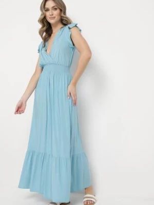 Jasnoniebieska Bawełniana Sukienka Maxi z Kopertową Górą Rozkloszowana Xaliara