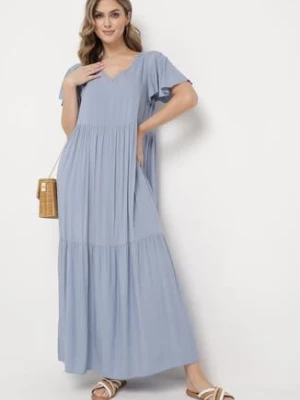 Jasnoniebieska Bawełniana Sukienka Maxi z Krótkim Rękawem Rozkloszowana Leviossa