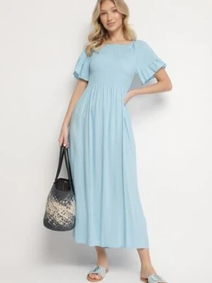 Jasnoniebieska Bawełniana Sukienka o Kroju Hiszpanki z Elastyczną Górą Niloviria defox