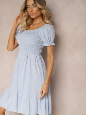 Jasnoniebieska Bawełniana Sukienka o Rozkloszowanym Kroju z Gumką przy Dekolcie Moridia