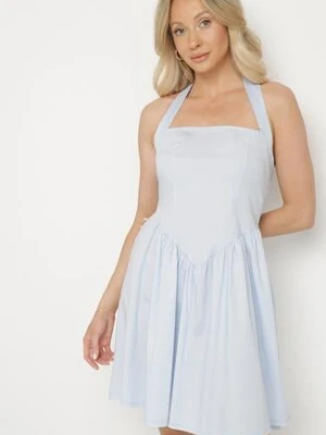 Jasnoniebieska Bawełniana Sukienka Rozkloszowana na Szyję Kolaniela new collection