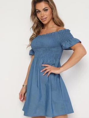 Jasnoniebieska Bawełniana Sukienka Typu Hiszpanka z Marszczoną Górą Rialifea defox