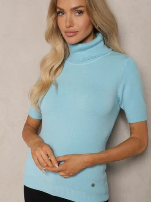 Jasnoniebieska Bluzka Dzianinowa z Golfem Bawełną i Wiskozą oraz Krótkim Rękawem Cialinae palma